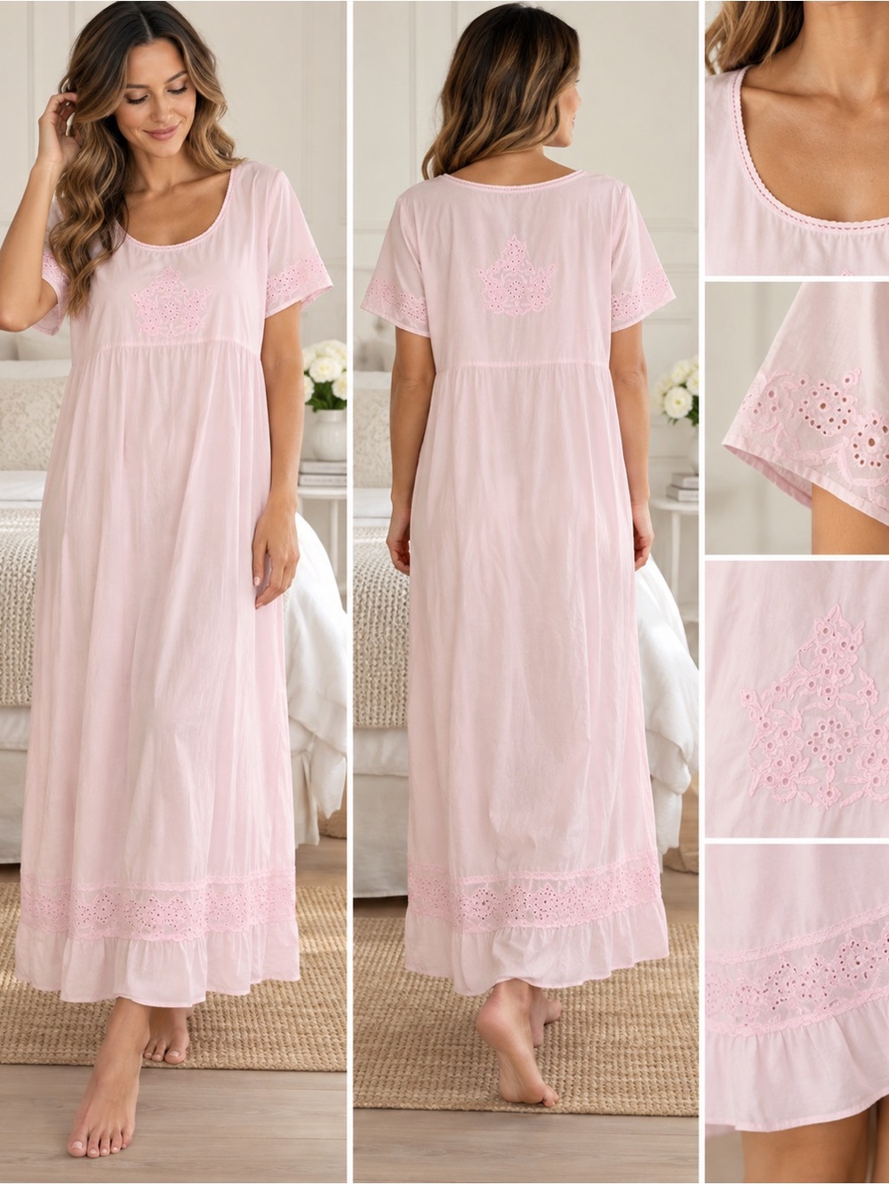 Soft Surroundings Pale Pink Cotton Eyelet Maxi Nightgown